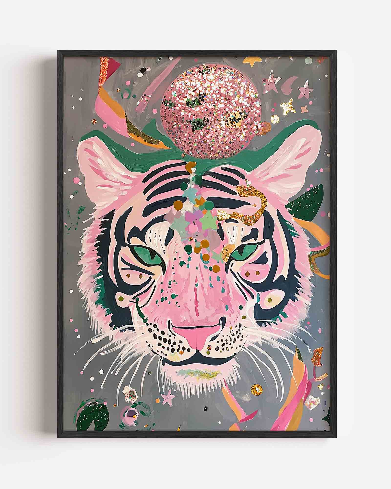 Tijger met roze en groene accenten Poster