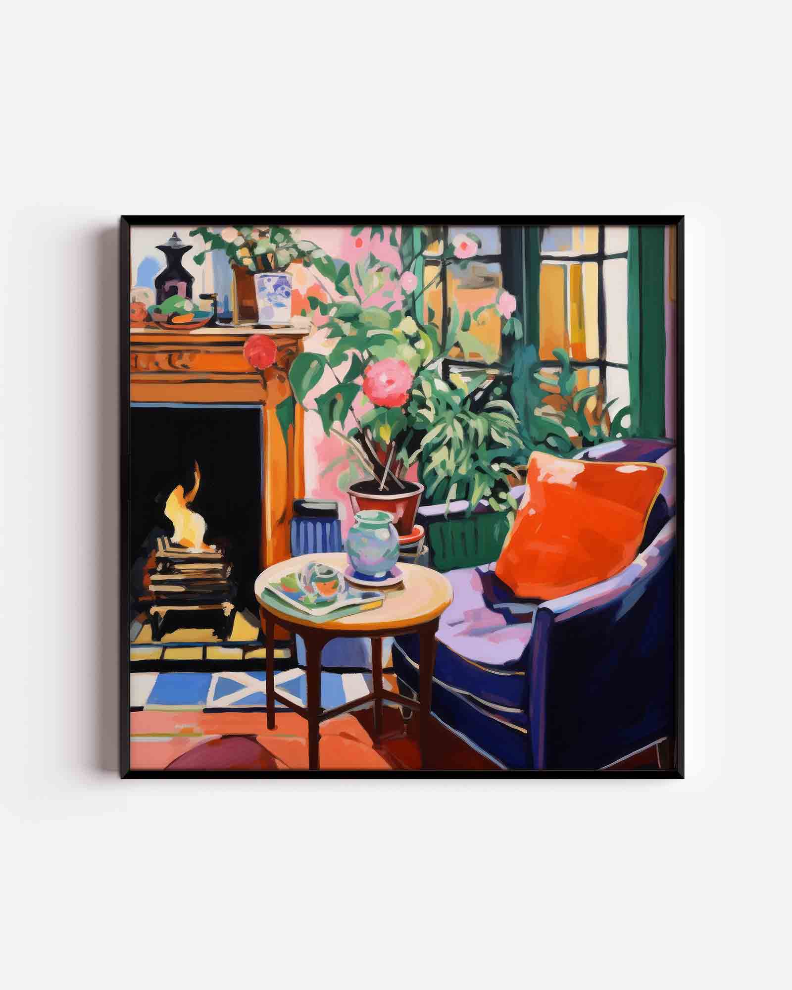 Interieur met open haard Poster