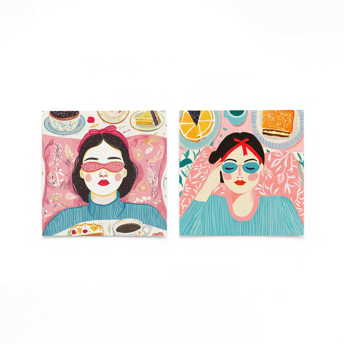 Twee vierkante posters met vrouwen met lekkernijen op een gebroken witte achtergrond