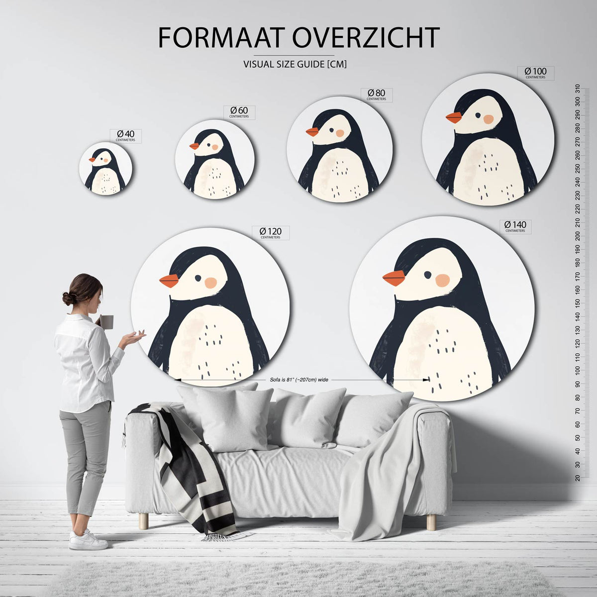 Pinguïn Muurcirkel – extra productweergave – Een pinguïn met zwarte en witte tinten en een oranje snavel.