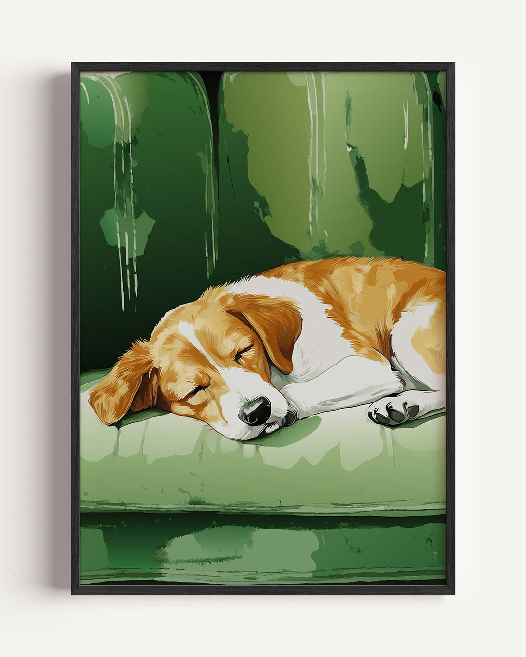 Slapende Hond op Groene Bank Poster