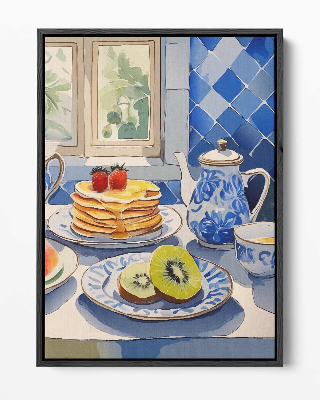 Ontbijttafel in Blauwe Tegelstijl Kunstwerk-canvas-dibond-plexiglas-wanddecoratie-WallArtistic