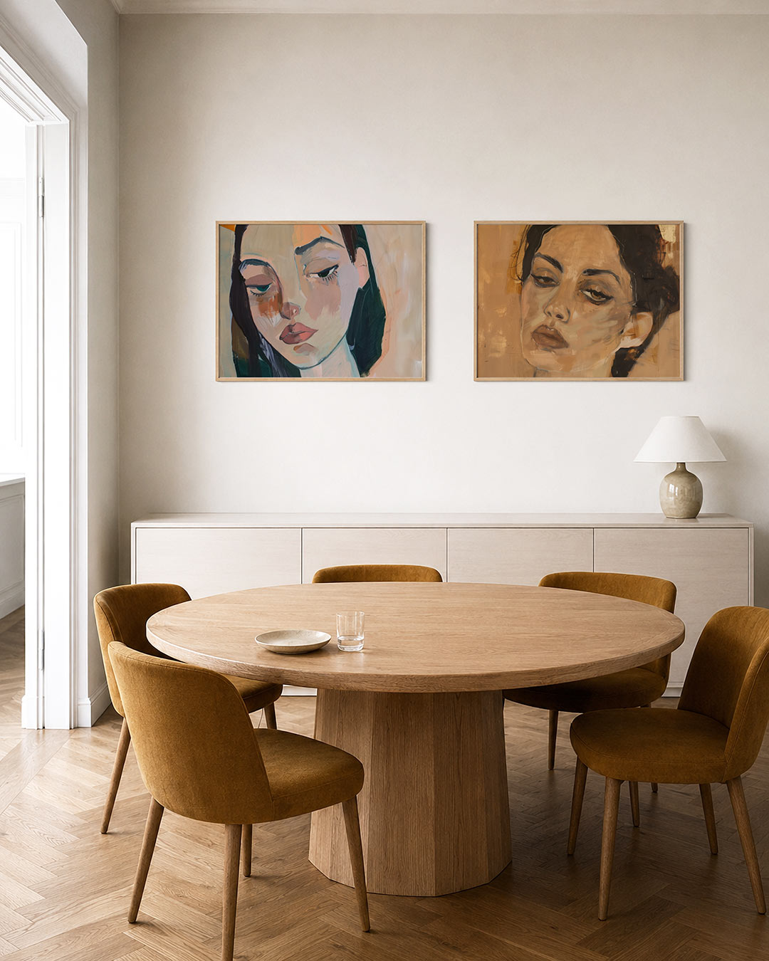 Interieurpresentatie van twee posters met een gezicht met gedurfde penseelstreken