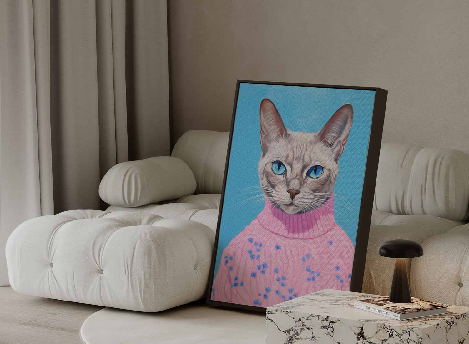 Kat in Roze Trui Portret Kunstwerk-canvas-dibond-plexiglas-wanddecoratie-WallArtistic