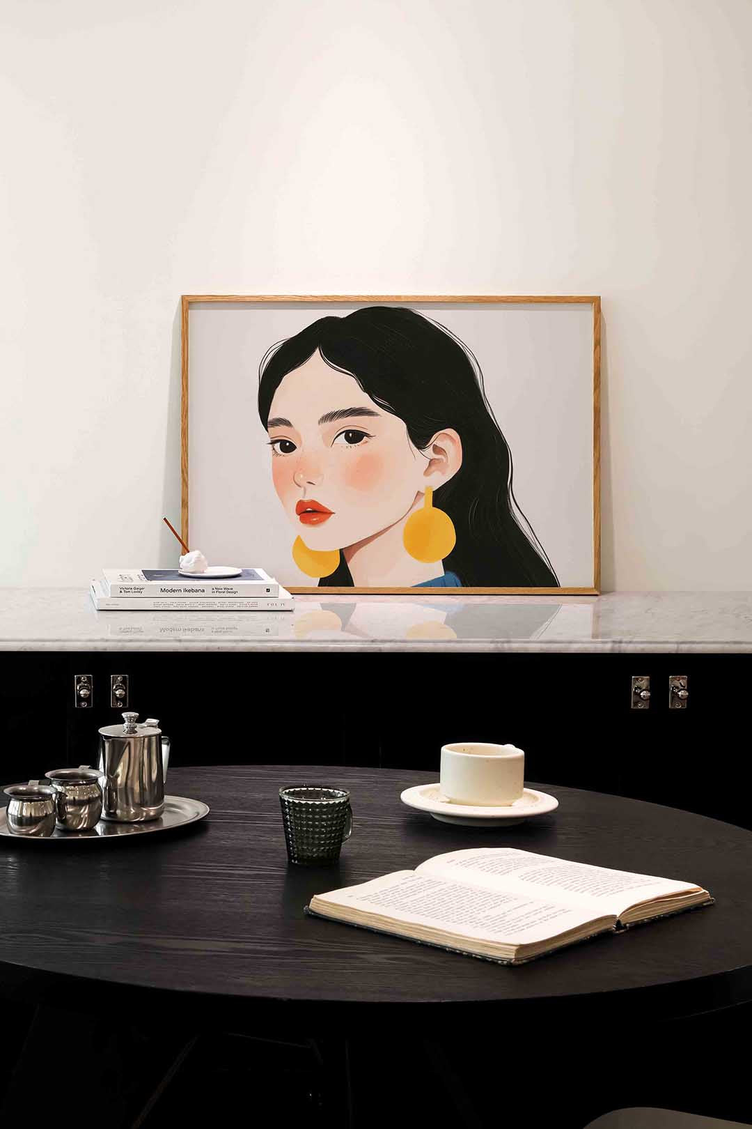 Portret met gele oorbellen Poster