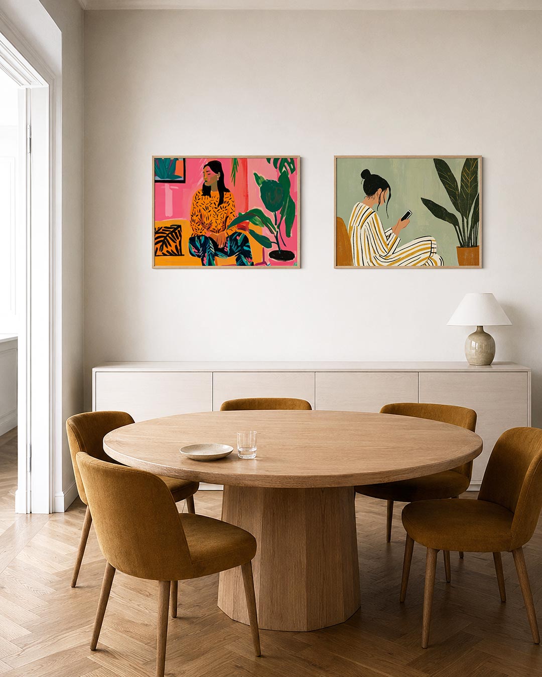 Tweedelige posterset met een vrouw in een kleurrijk interieur met roze en oranje tinten, getoond in een interieur