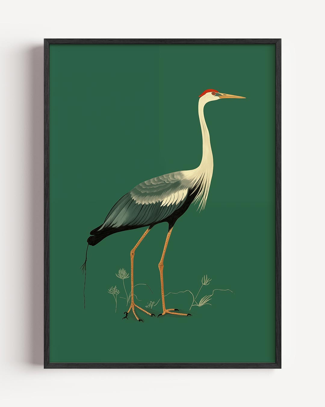 Elegante Kraanvogel op Groene Achtergrond Poster-WallArtistic