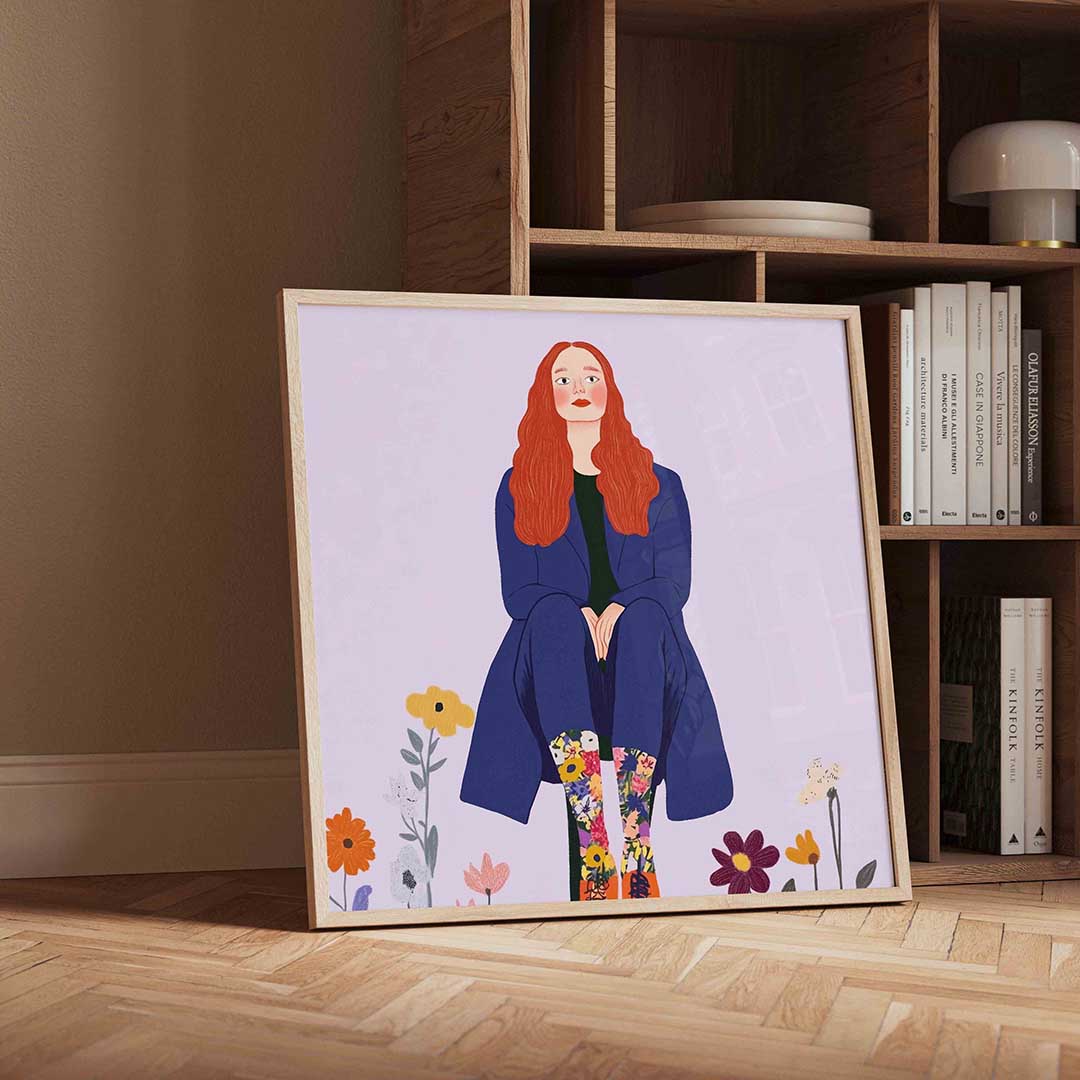 Vrouw met bloemenlaarzen Poster