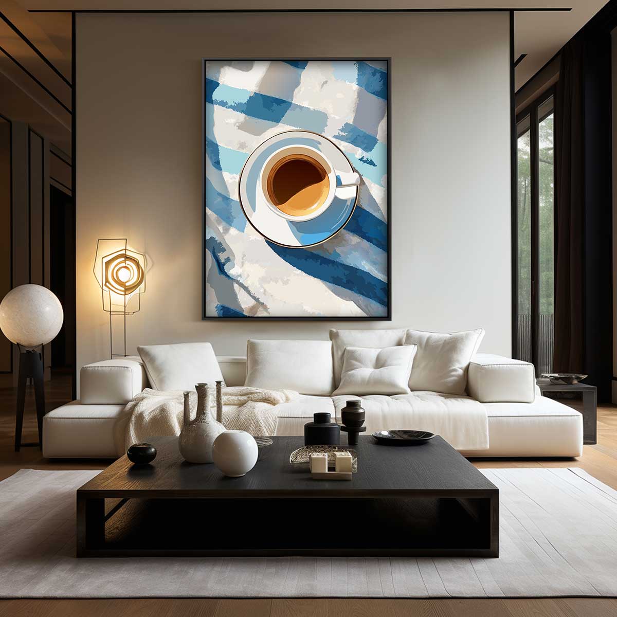 Koffiepauze op Blauwe Tafelloper Kunstwerk-canvas-dibond-plexiglas-wanddecoratie-WallArtistic