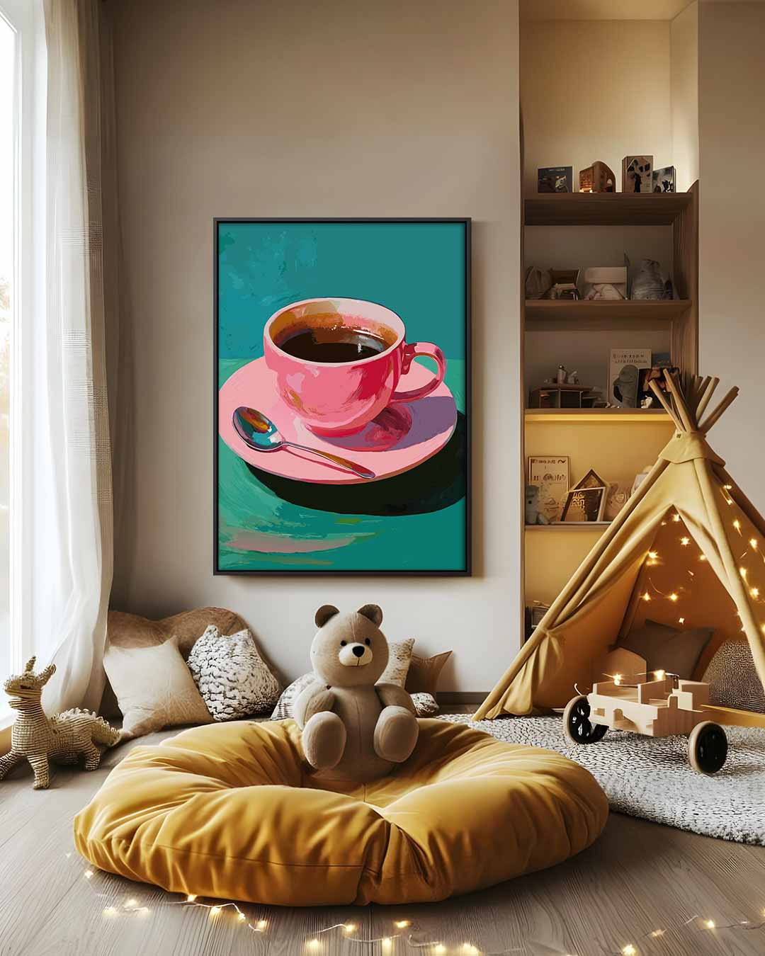 Koffie in een Roze Kopje Kunstwerk-canvas-dibond-plexiglas-wanddecoratie-WallArtistic