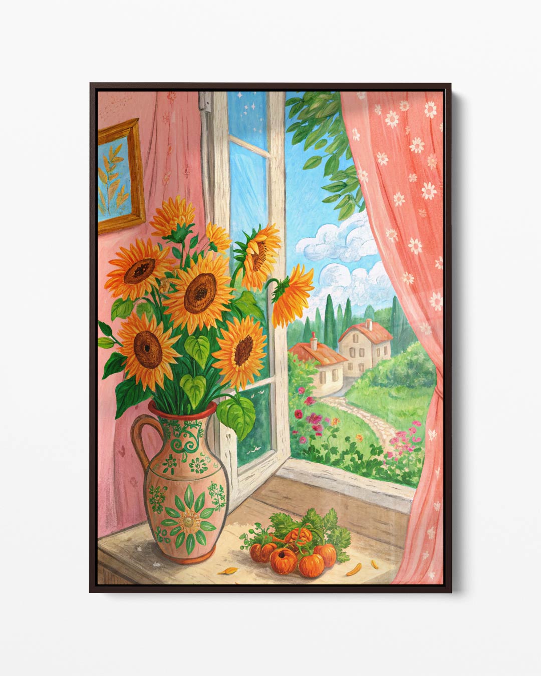 Zonnige Zonnebloemen aan het Raam Kunstwerk-canvas-dibond-plexiglas-wanddecoratie-WallArtistic