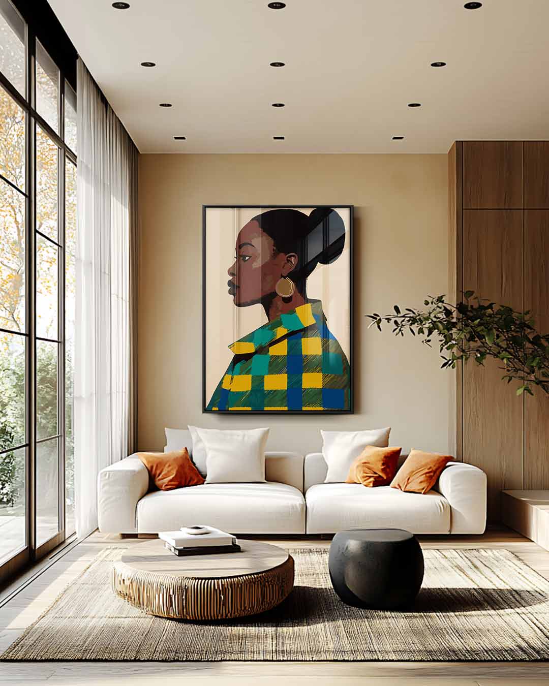 Vrouw in Vrolijk Patroon Kunstwerk-canvas-dibond-plexiglas-wanddecoratie-WallArtistic