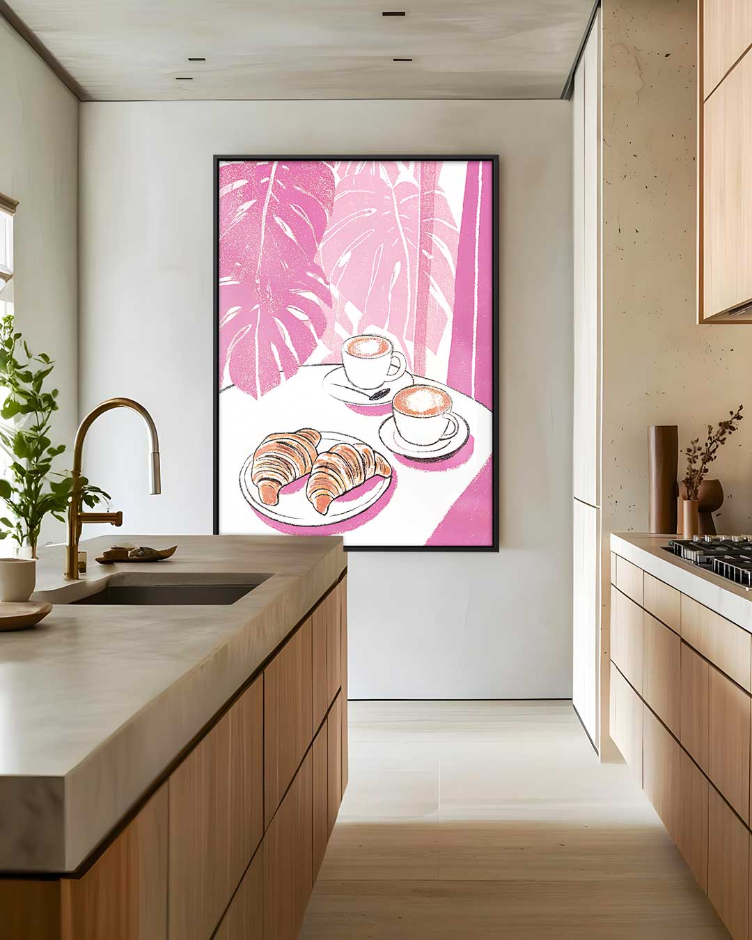 Koffie en Croissants in Roze Oase Kunstwerk-canvas-dibond-plexiglas-wanddecoratie-WallArtistic