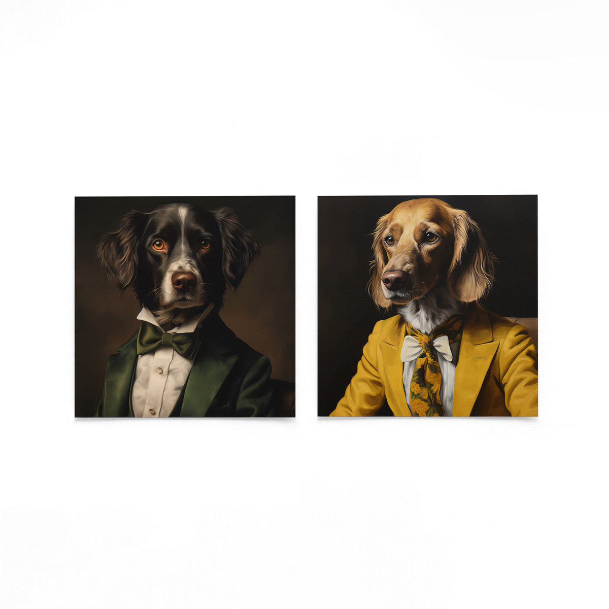 Twee vierkante posters met geklede honden op een gebroken witte achtergrond