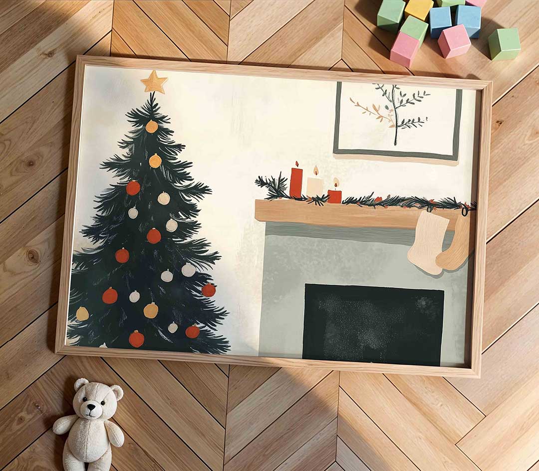 Kerstboom en haard Poster
