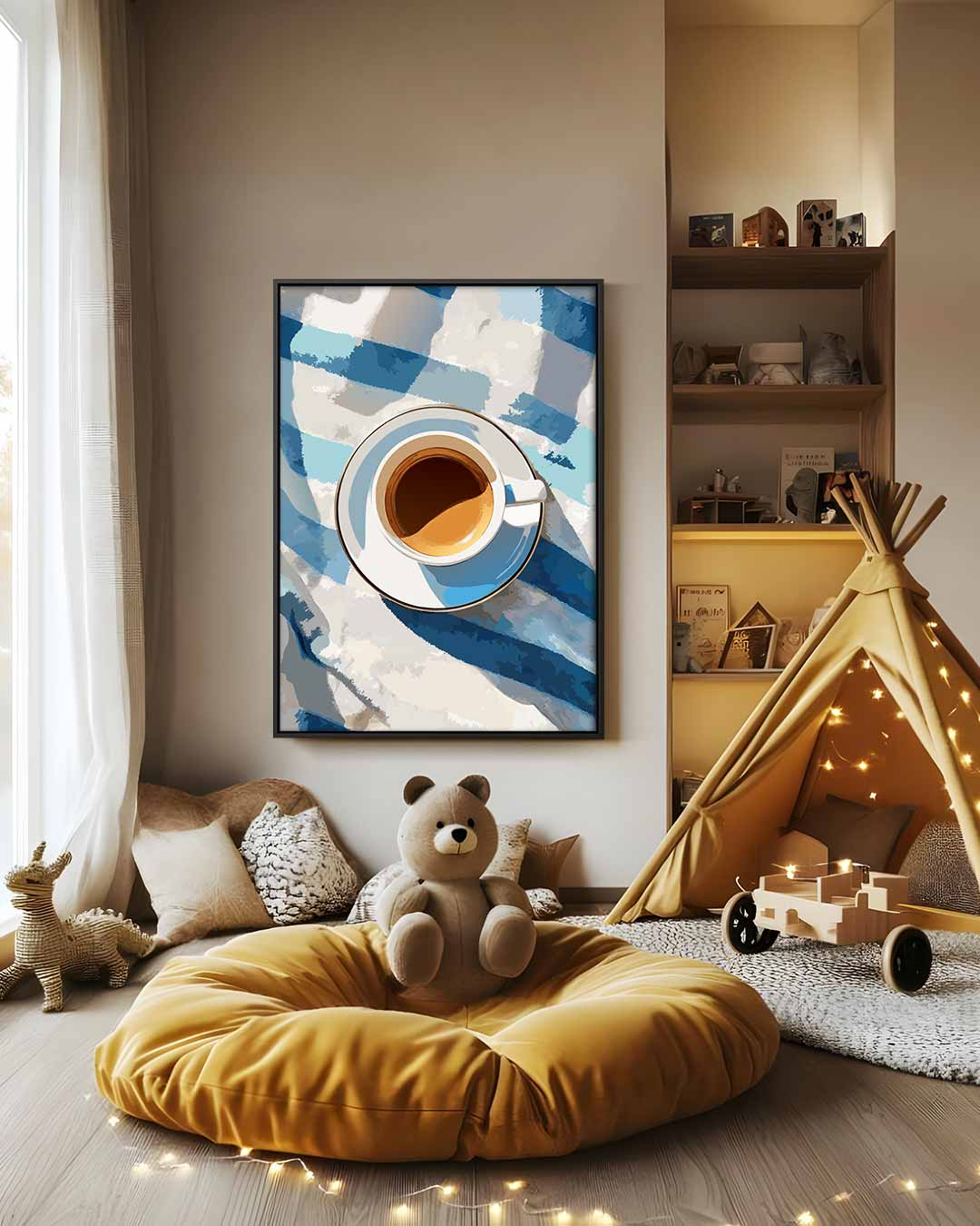 Koffiepauze op Blauwe Tafelloper Kunstwerk-canvas-dibond-plexiglas-wanddecoratie-WallArtistic