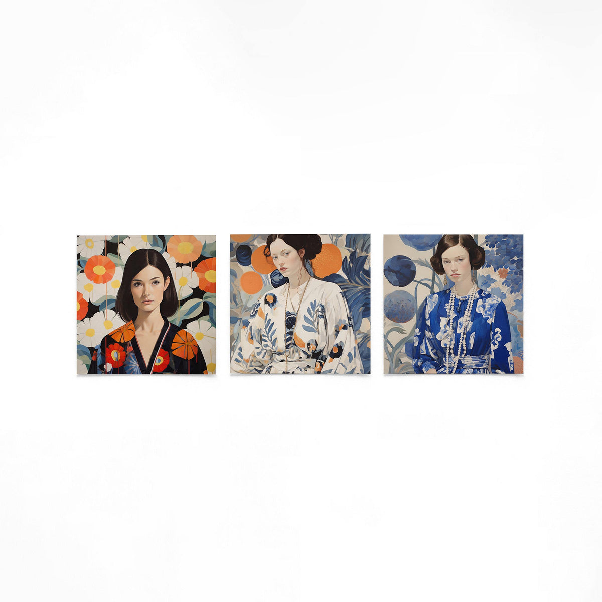 Drie vierkante posters met portretten met bloemen op een gebroken witte achtergrond