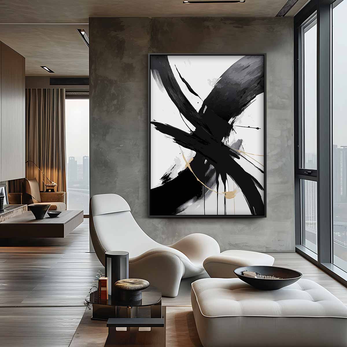 Dynamisch Zwart-Wit Abstract Kunstwerk-canvas-dibond-plexiglas-wanddecoratie-WallArtistic