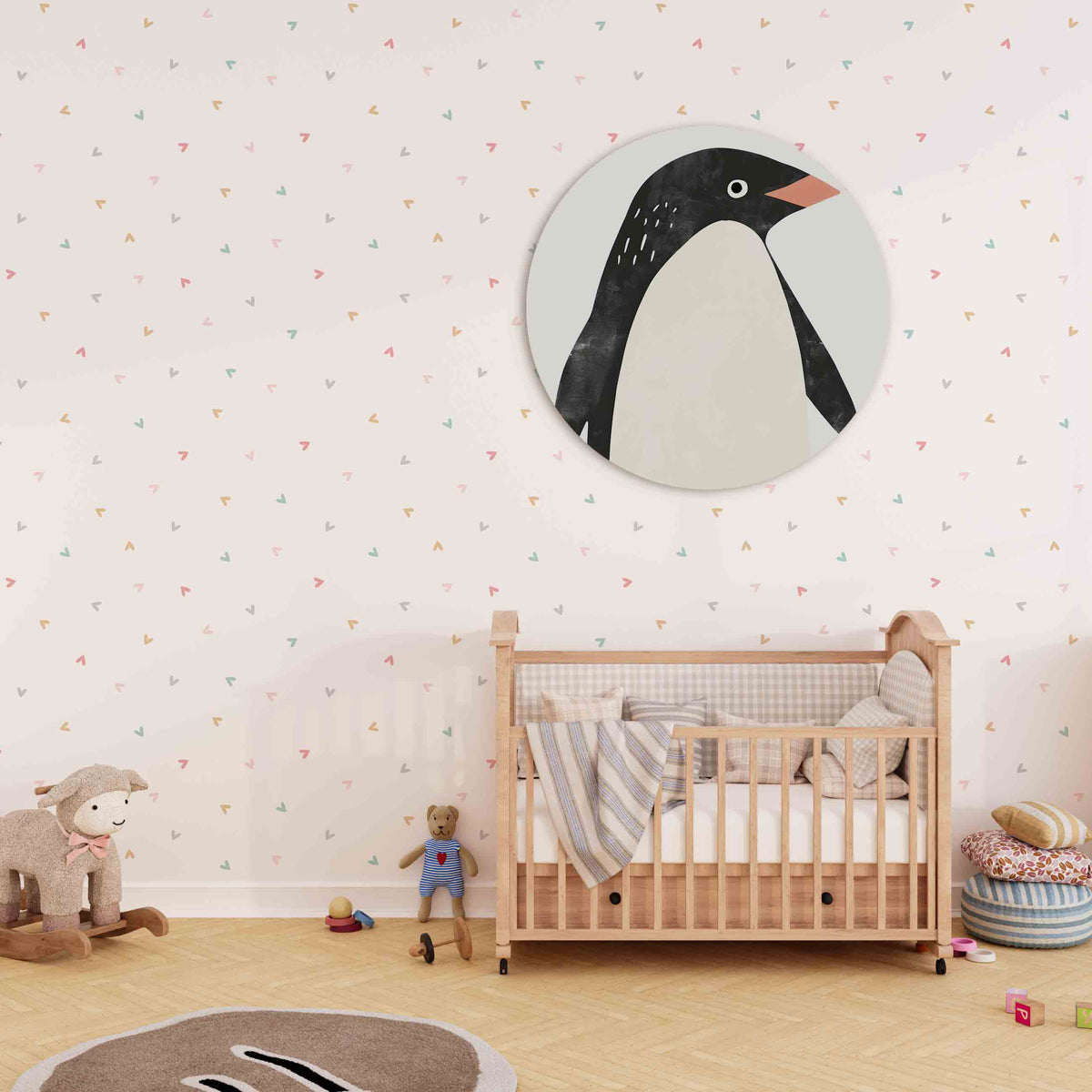 Pinguïn Muurcirkel – derde productweergave – Een pinguïn met een zwart-witte vacht en een oranje snavel.