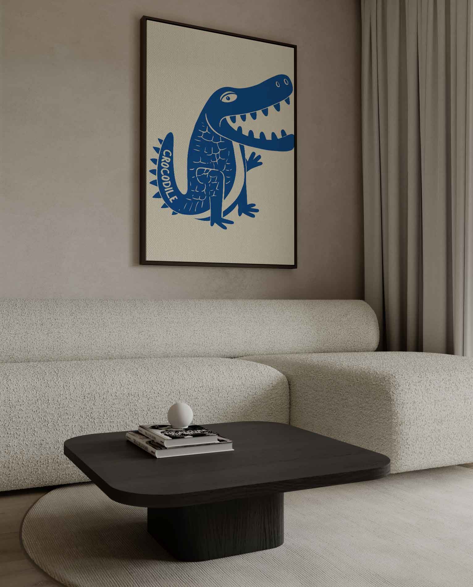 Speelse Blauwe Krokodil Illustratie Kunstwerk-canvas-dibond-plexiglas-wanddecoratie-WallArtistic