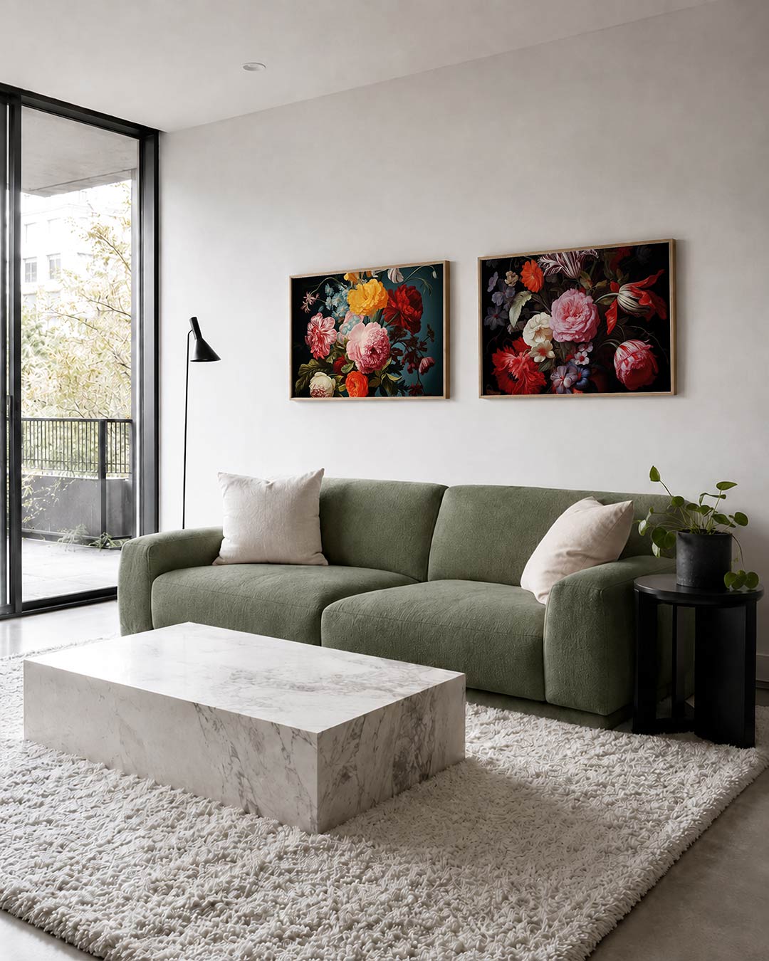 Interieurpresentatie van twee posters met een levendige verzameling bloemen in rijke kleuren