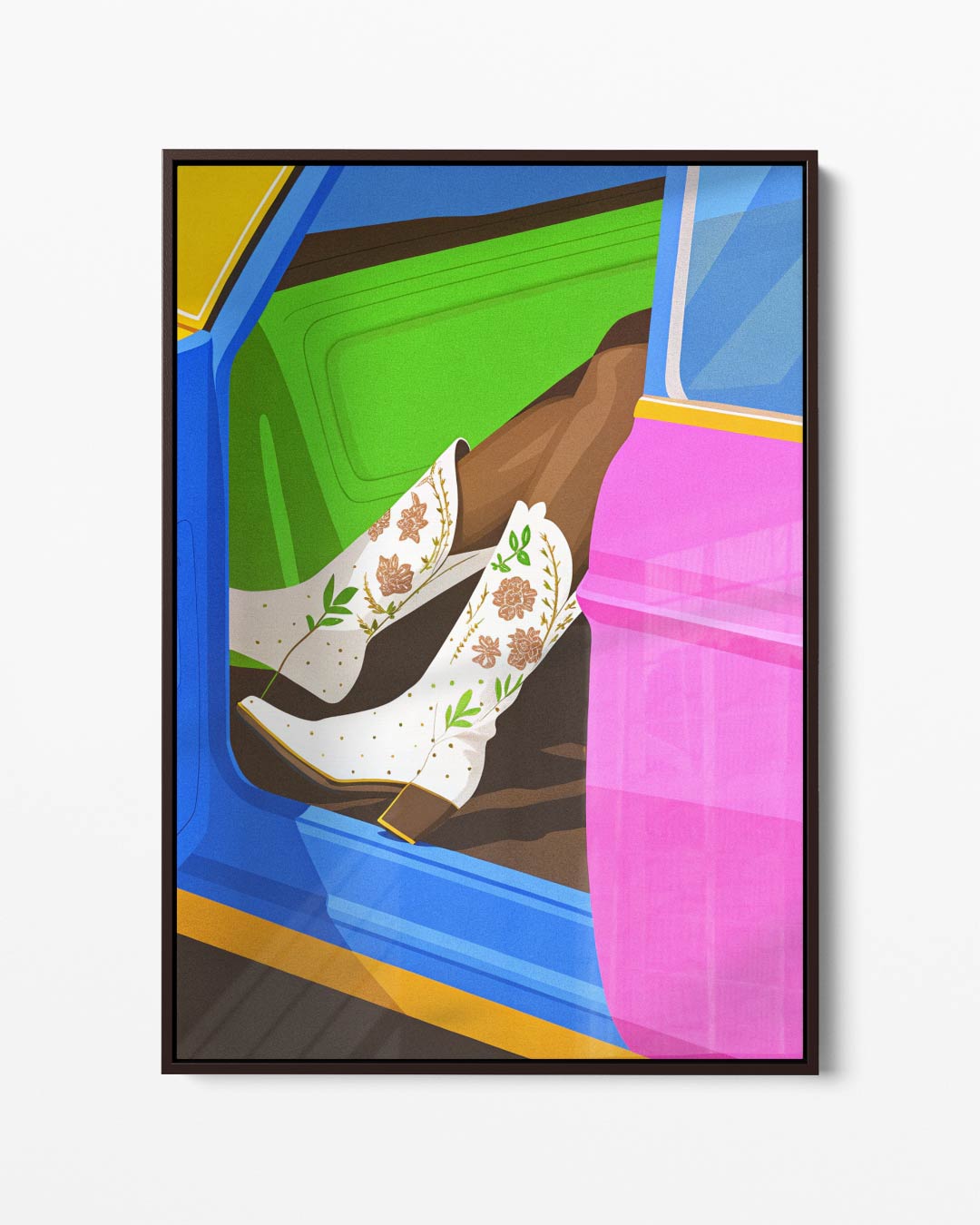 Kleurrijke Cowboylaarzen in Stijlvolle Auto Kunstwerk-canvas-dibond-plexiglas-wanddecoratie-WallArtistic