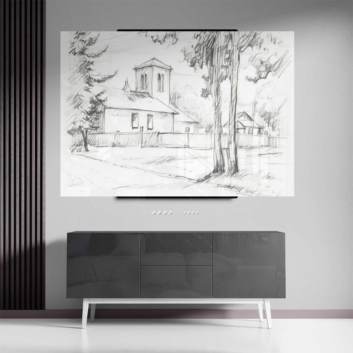 Dorpskerk en Bomen Kunstwerk-canvas-dibond-plexiglas-wanddecoratie-WallArtistic