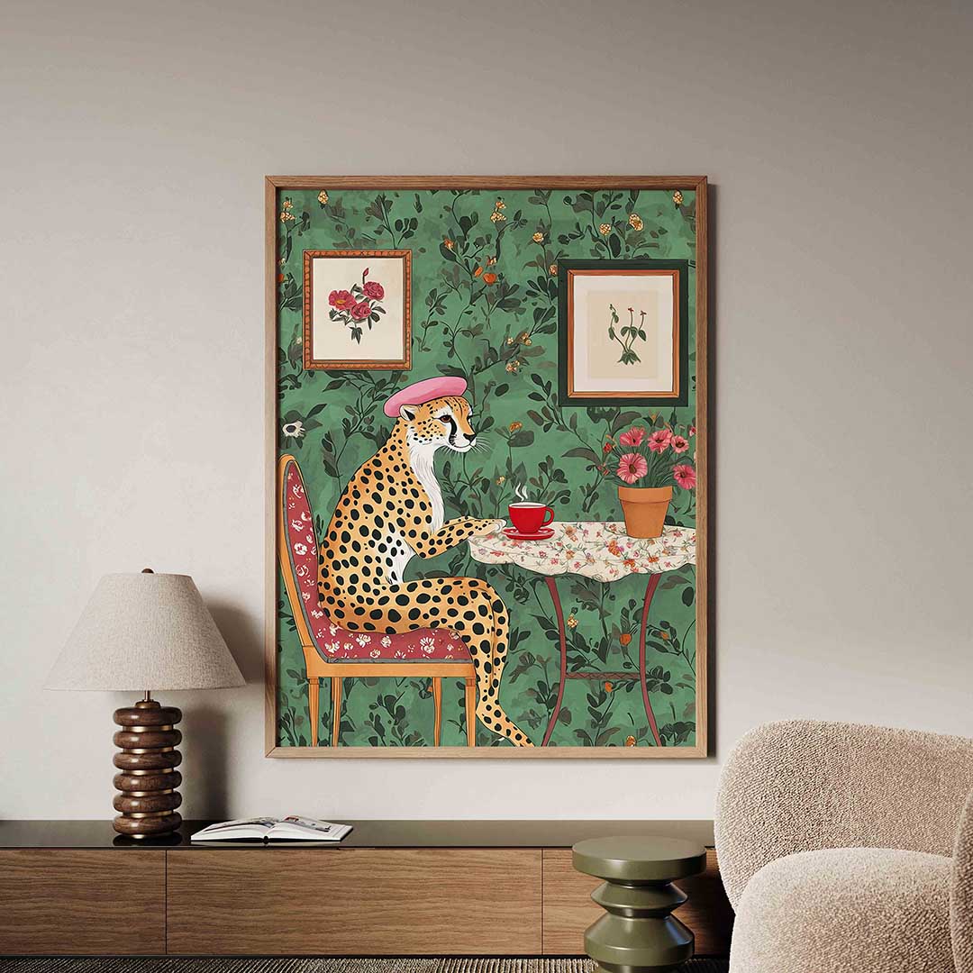 Cheetah met hoed en thee Poster