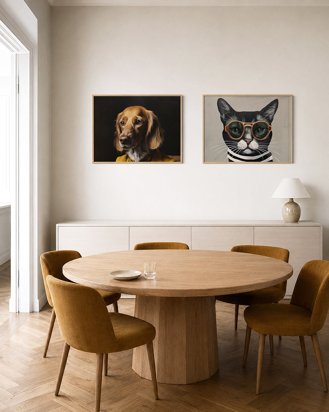 Tweedelige posterset met een hond met een rijke, gouden vacht tegen een donkere achtergrond, getoond in een interieur