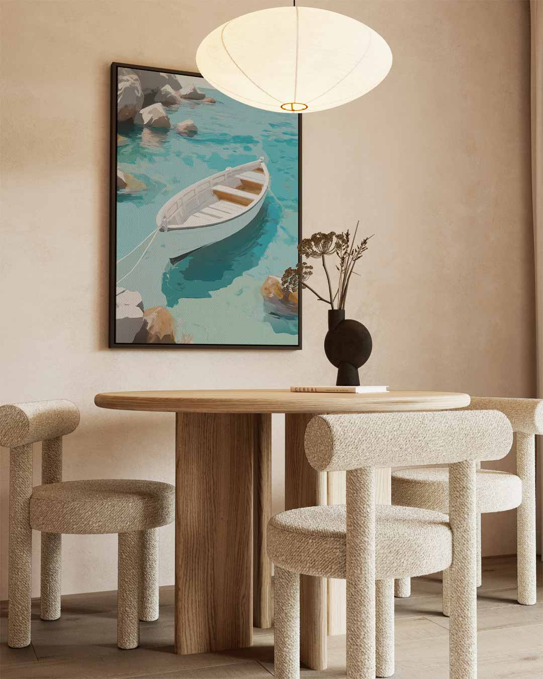 Rustgevend Bootje op Helder Blauw Water Kunstwerk-canvas-dibond-plexiglas-wanddecoratie-WallArtistic
