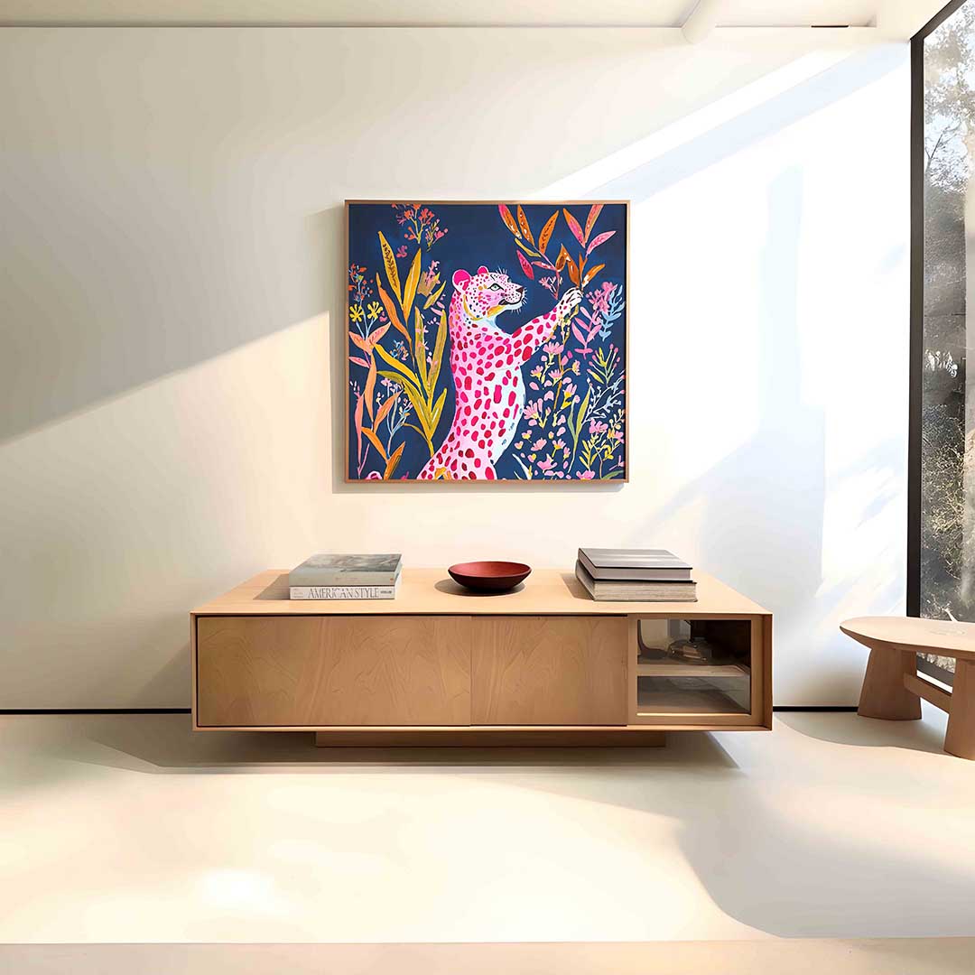 Roze luipaard met bloemen Poster