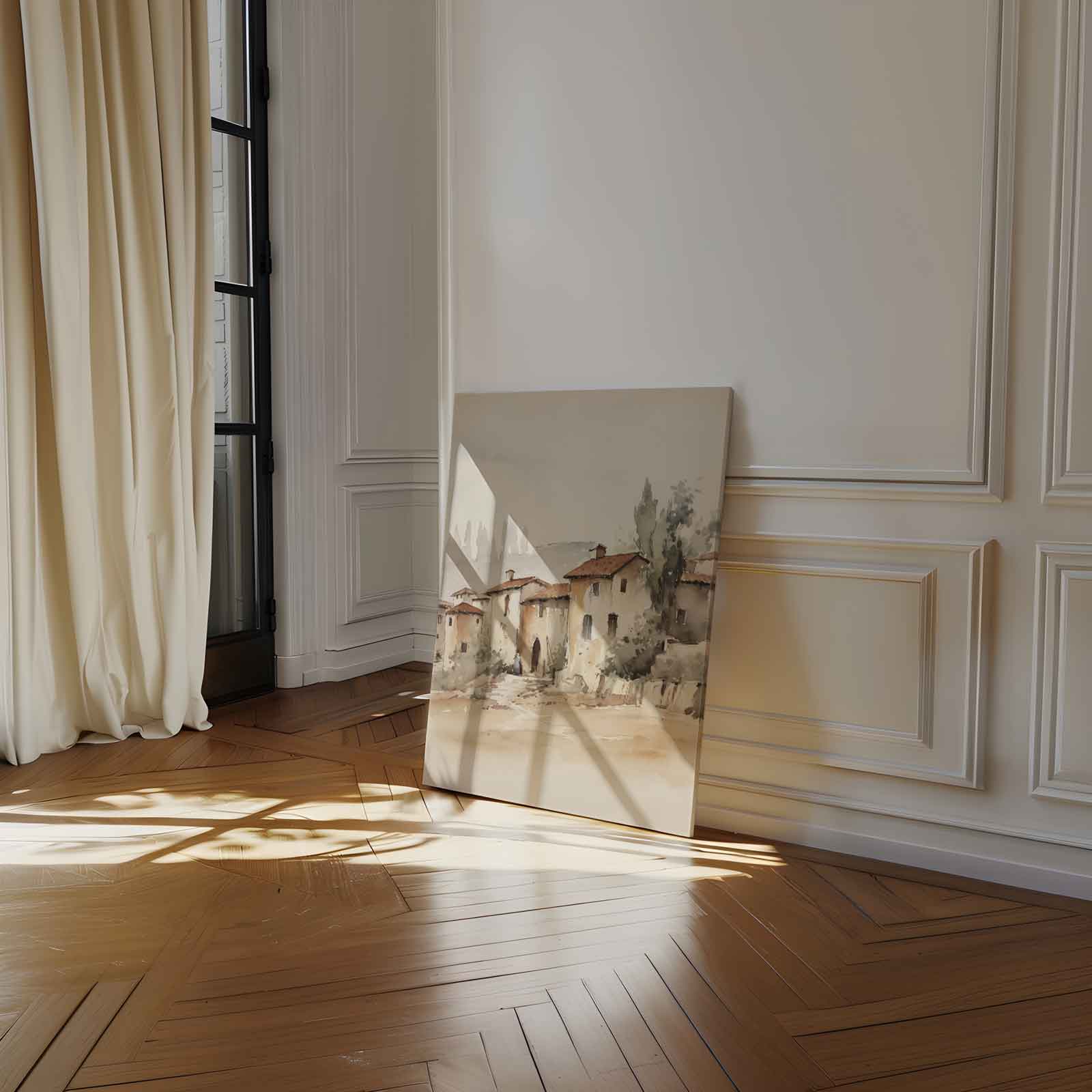 Landelijk Dorp in Waterverf Kunstwerk-canvas-dibond-plexiglas-wanddecoratie-WallArtistic