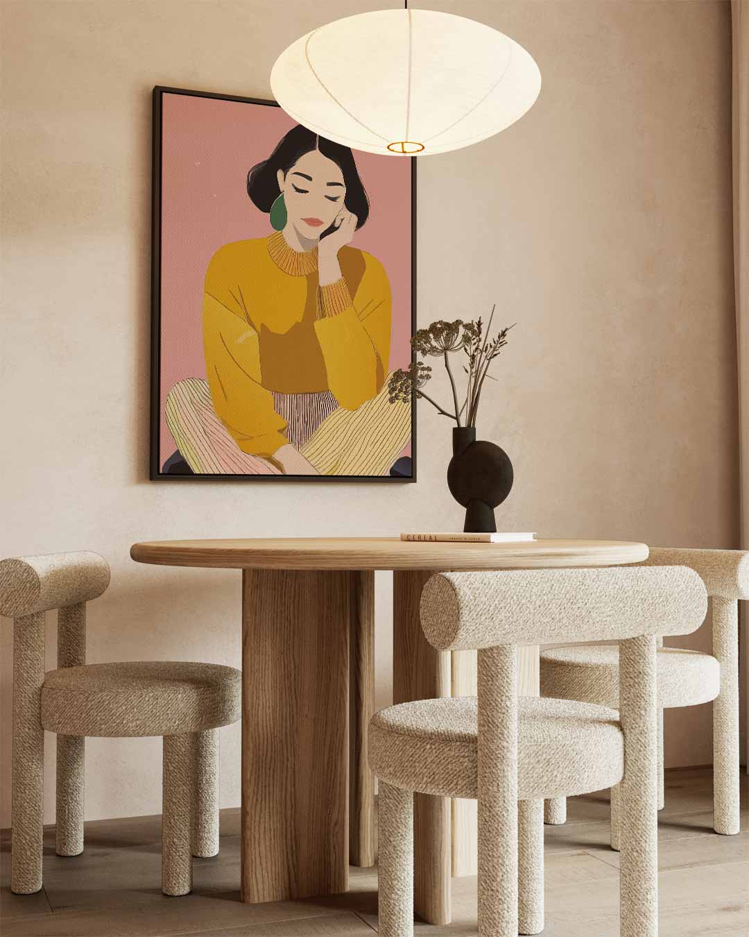 Dromerige Vrouw in Gele Trui Kunstwerk-canvas-dibond-plexiglas-wanddecoratie-WallArtistic