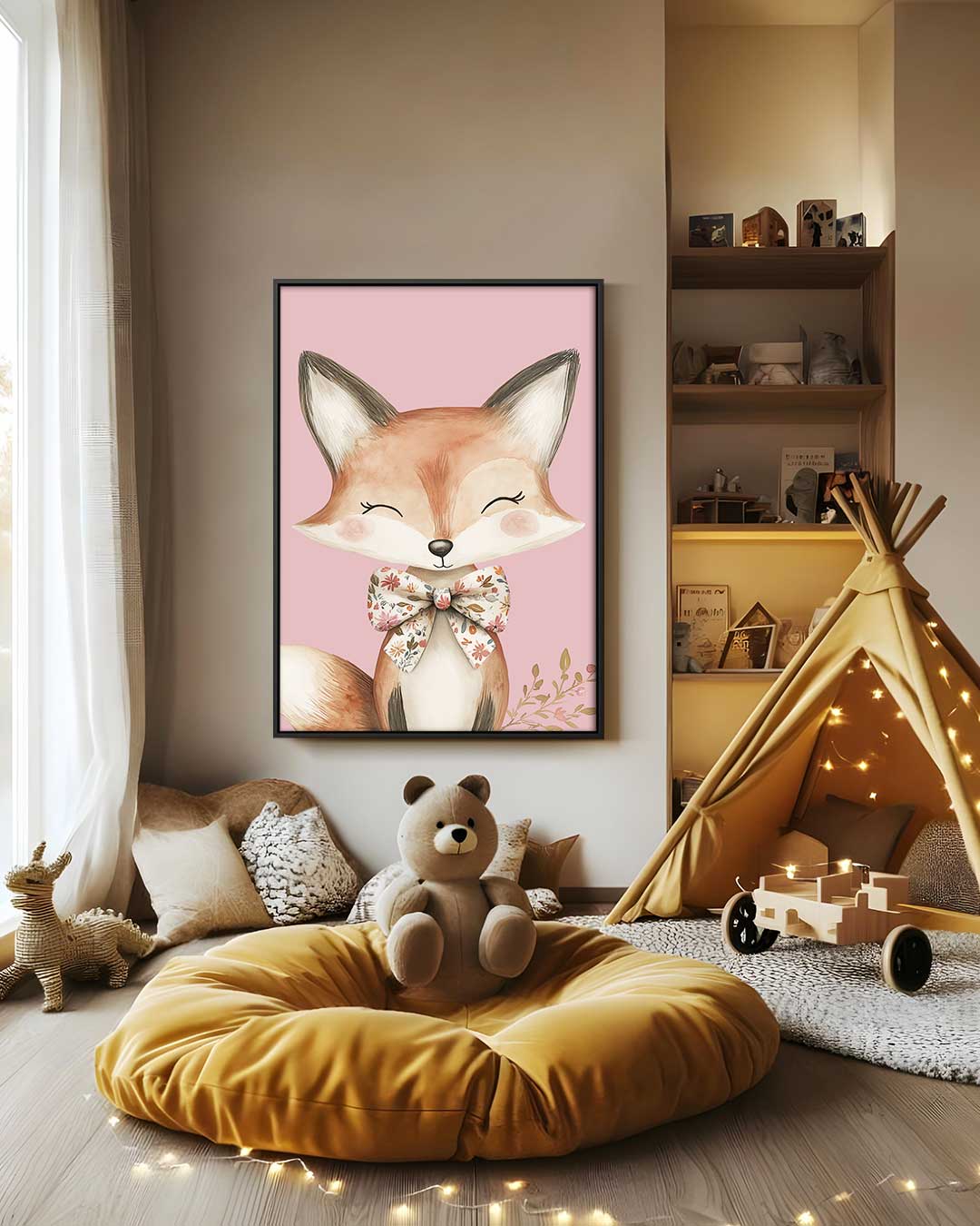 Schattige Vos met Strik Kunstwerk-canvas-dibond-plexiglas-wanddecoratie-WallArtistic