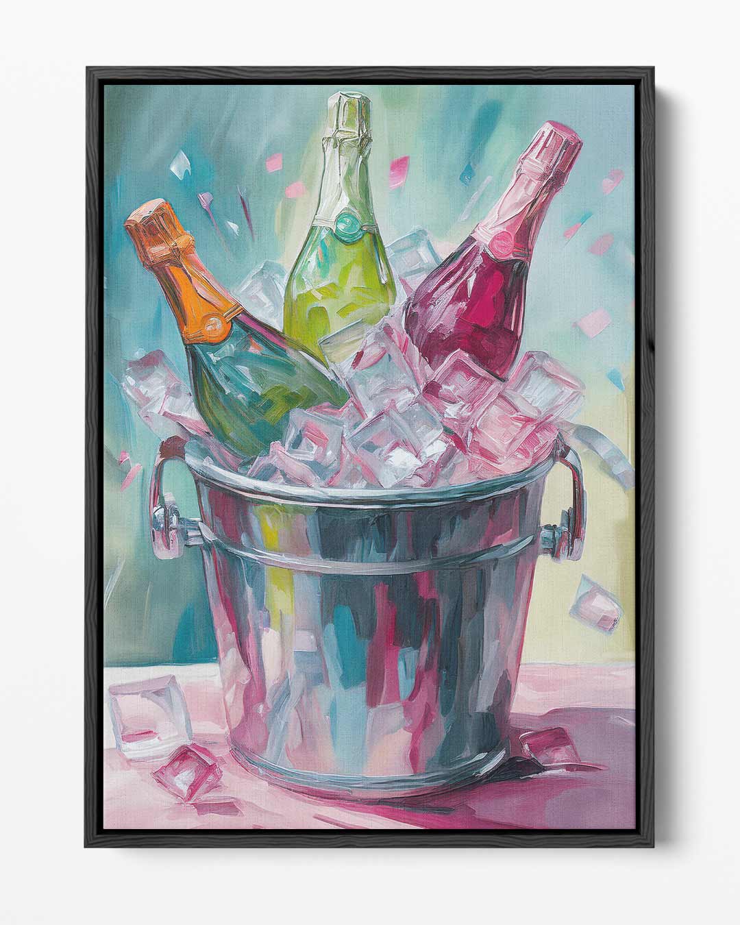 Drie Champagneflessen op IJs Kunstwerk-canvas-dibond-plexiglas-wanddecoratie-WallArtistic