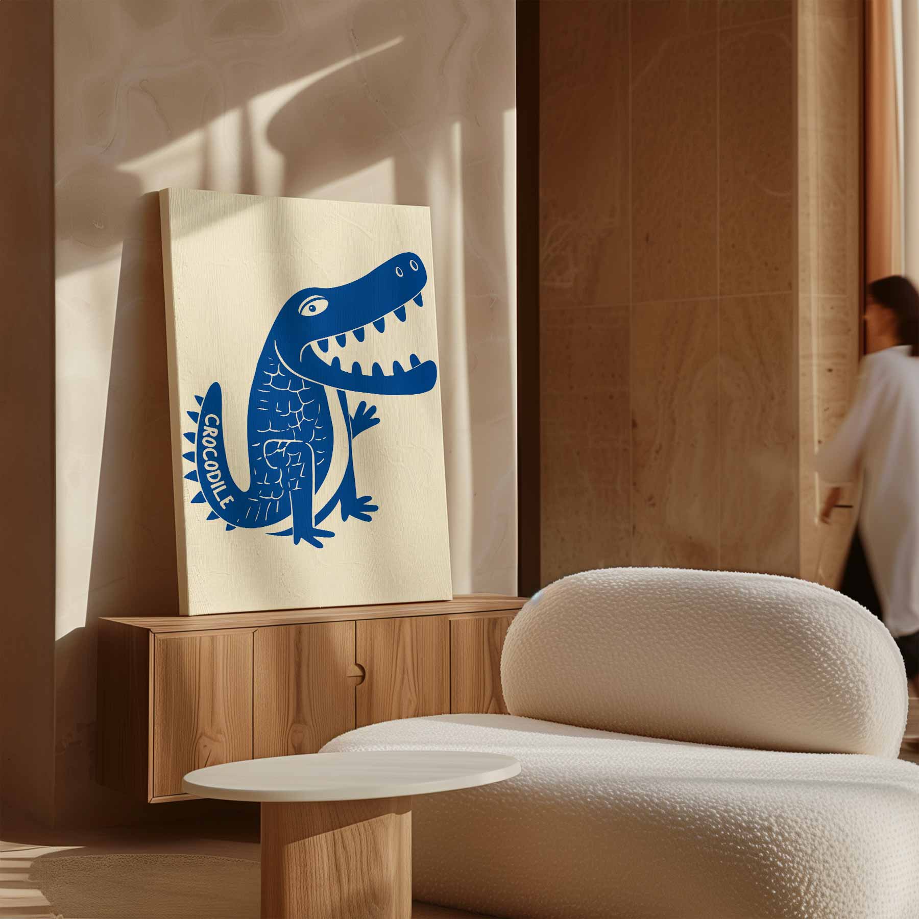 Speelse Blauwe Krokodil Illustratie Kunstwerk-canvas-dibond-plexiglas-wanddecoratie-WallArtistic