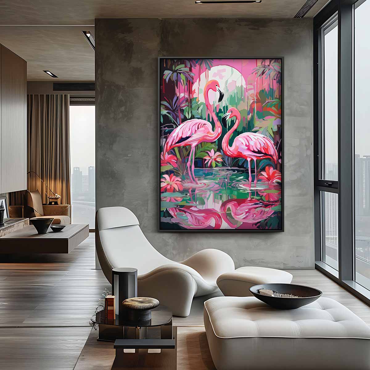 Tropische Flamingo's bij Zonsondergang Kunstwerk-canvas-dibond-plexiglas-wanddecoratie-WallArtistic