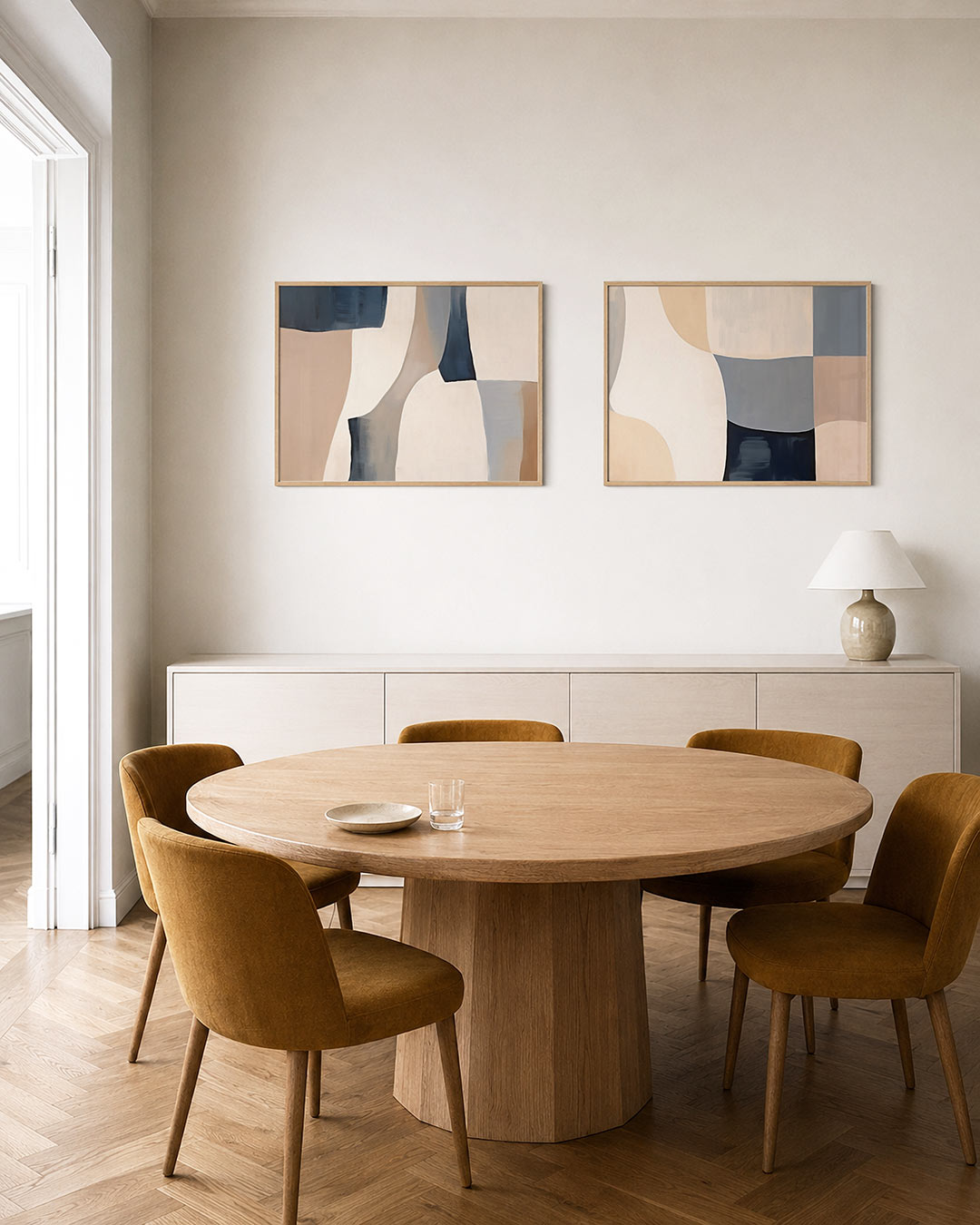 Twee liggende posters met vloeiende kleurvlakken in beige, wit en blauwgrijs, aan de muur in een interieur