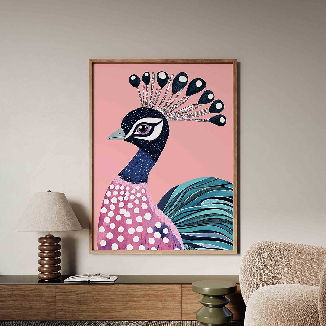 Pauw met roze achtergrond Poster