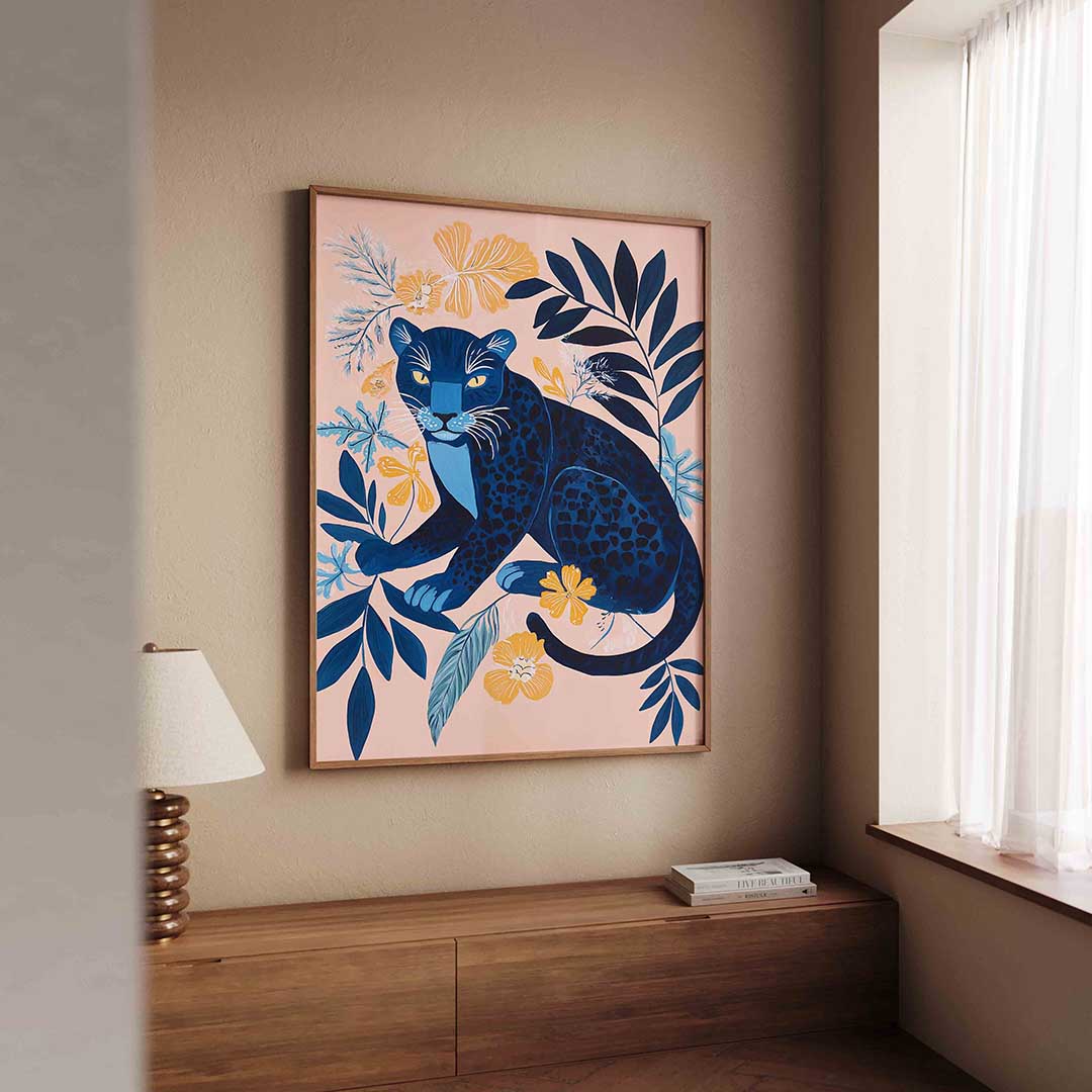 Blauwe panter en bloemen Poster