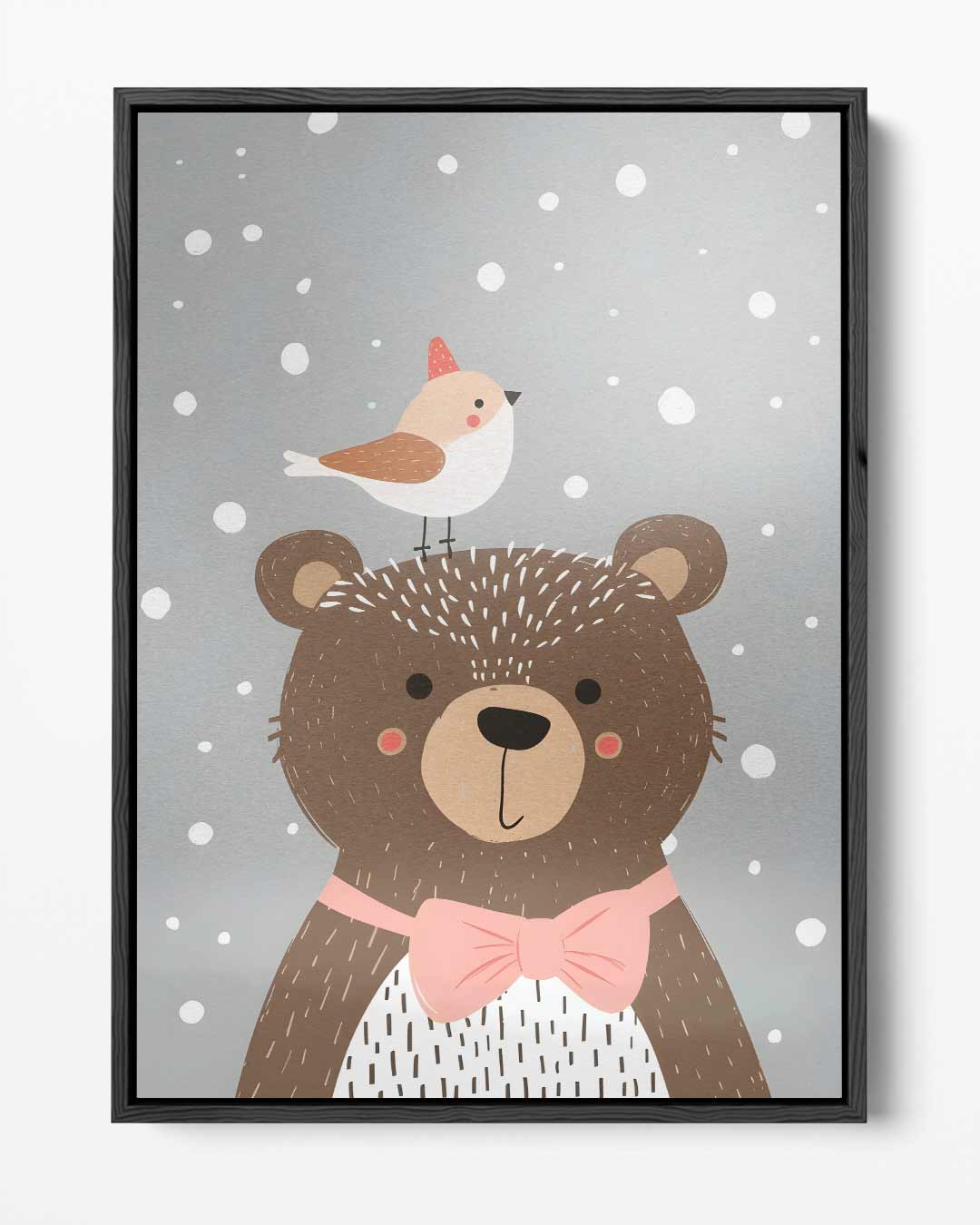 Vrolijke Beer en Vogel Winterillustratie Kunstwerk-canvas-dibond-plexiglas-wanddecoratie-WallArtistic