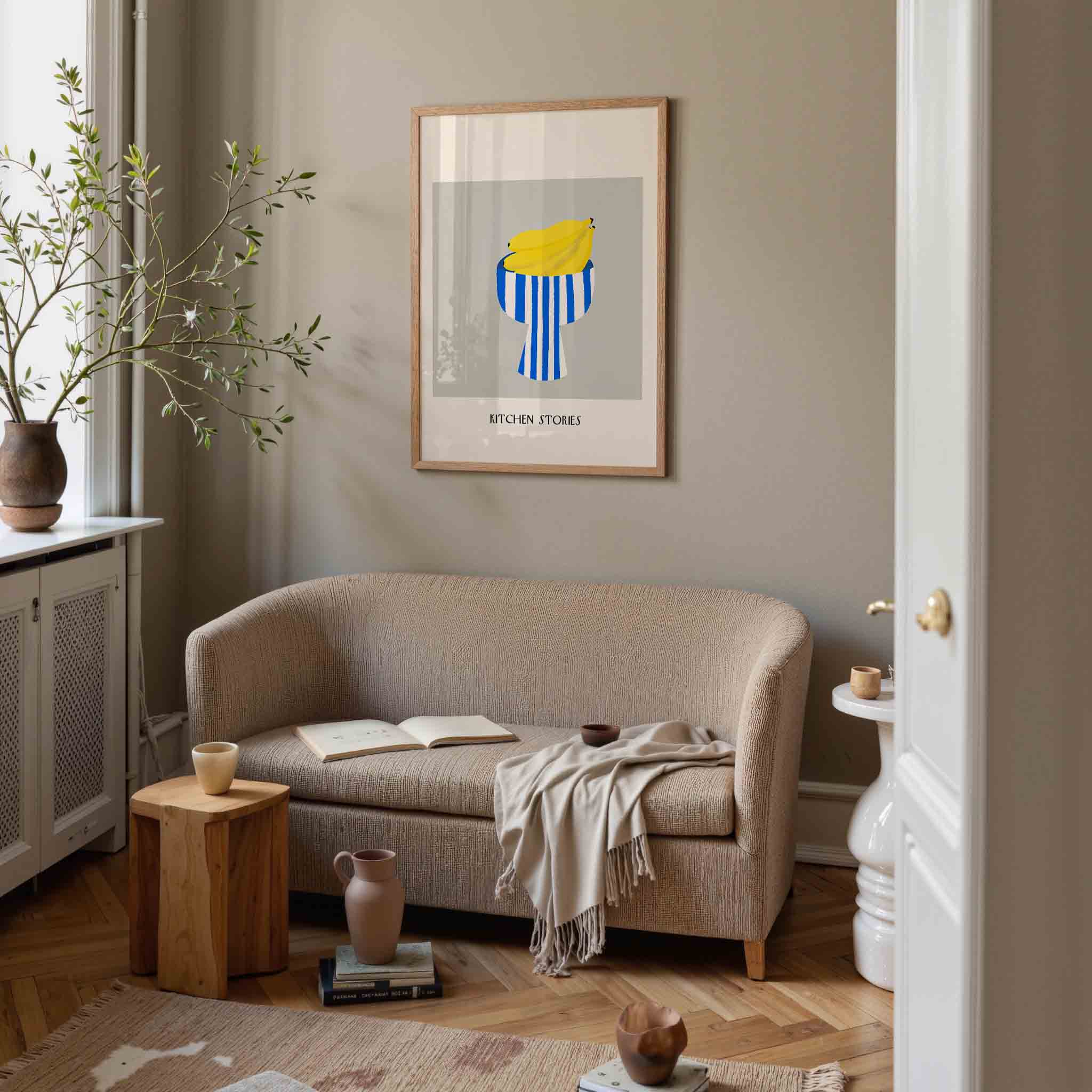 Bananen in gestreepte schaal Poster