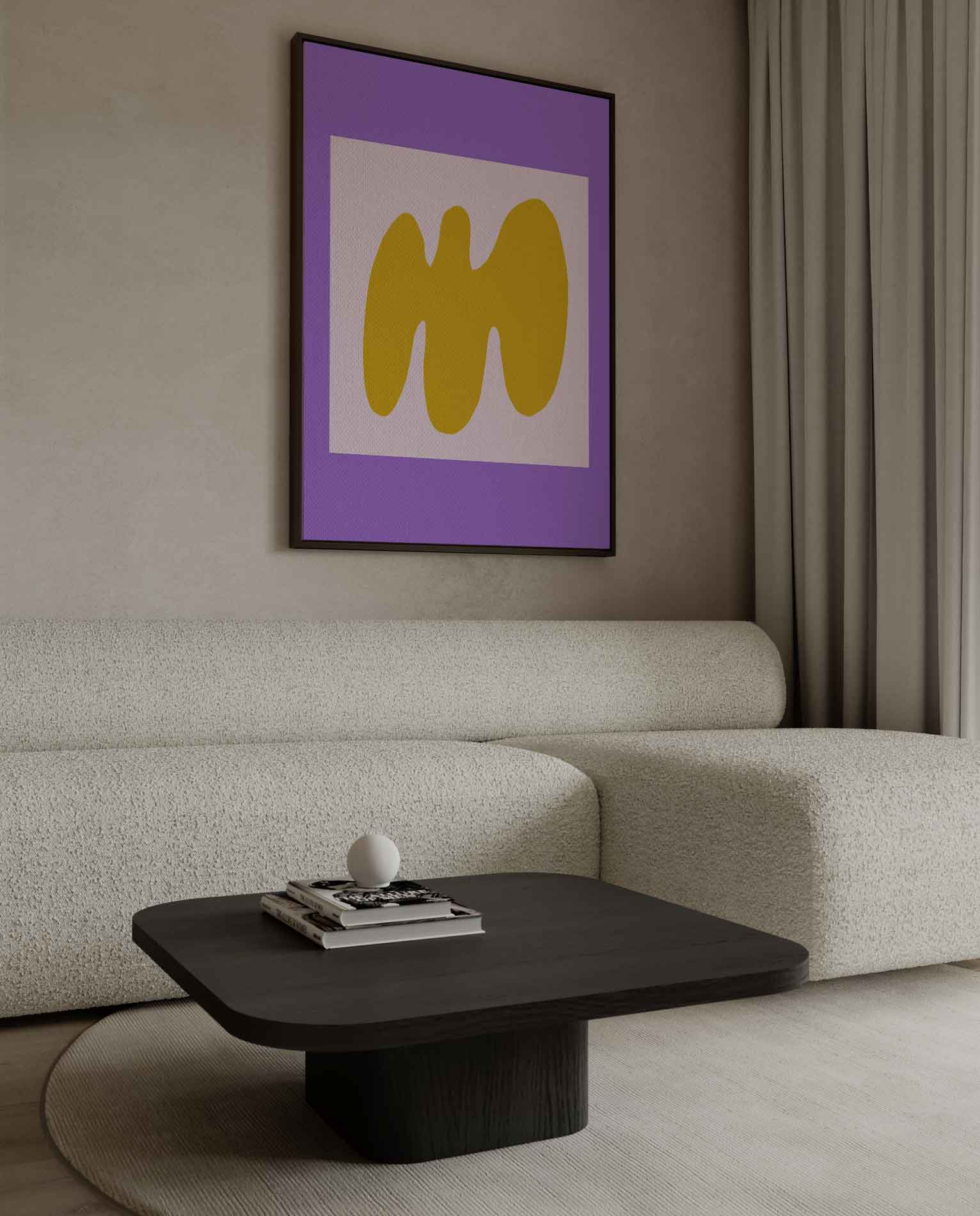 Abstracte Gele Golf op Paarse Achtergrond Kunstwerk-canvas-dibond-plexiglas-wanddecoratie-WallArtistic