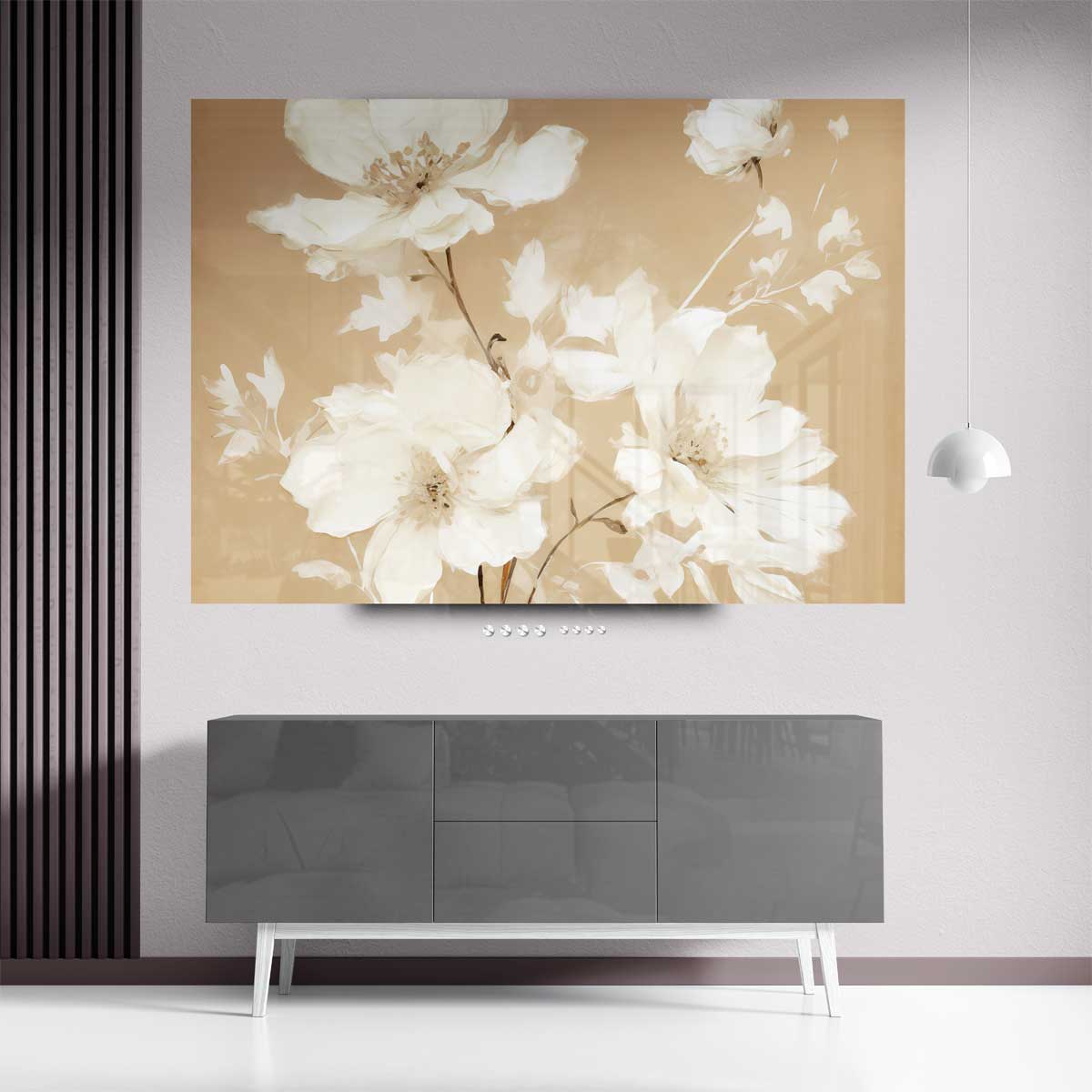 Elegante Bloemen op Beige Kunstwerk-canvas-dibond-plexiglas-wanddecoratie-WallArtistic