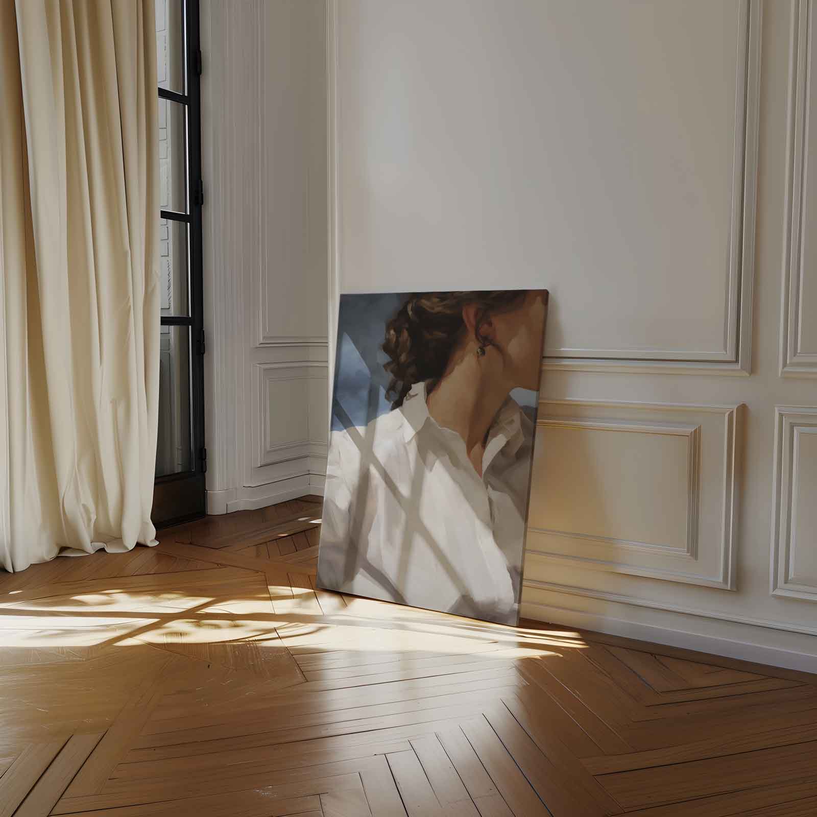 Zacht Portret met Witte Blouse Kunstwerk-canvas-dibond-plexiglas-wanddecoratie-WallArtistic