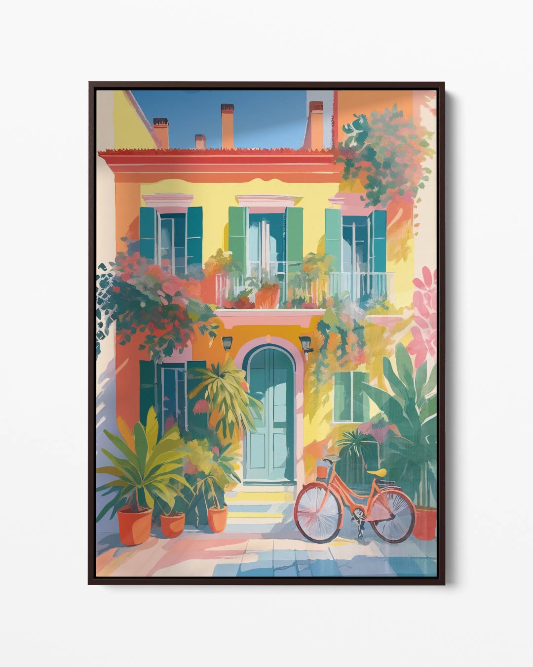 Zomerse gevel met fiets Kunstwerk-canvas-dibond-plexiglas-wanddecoratie-WallArtistic