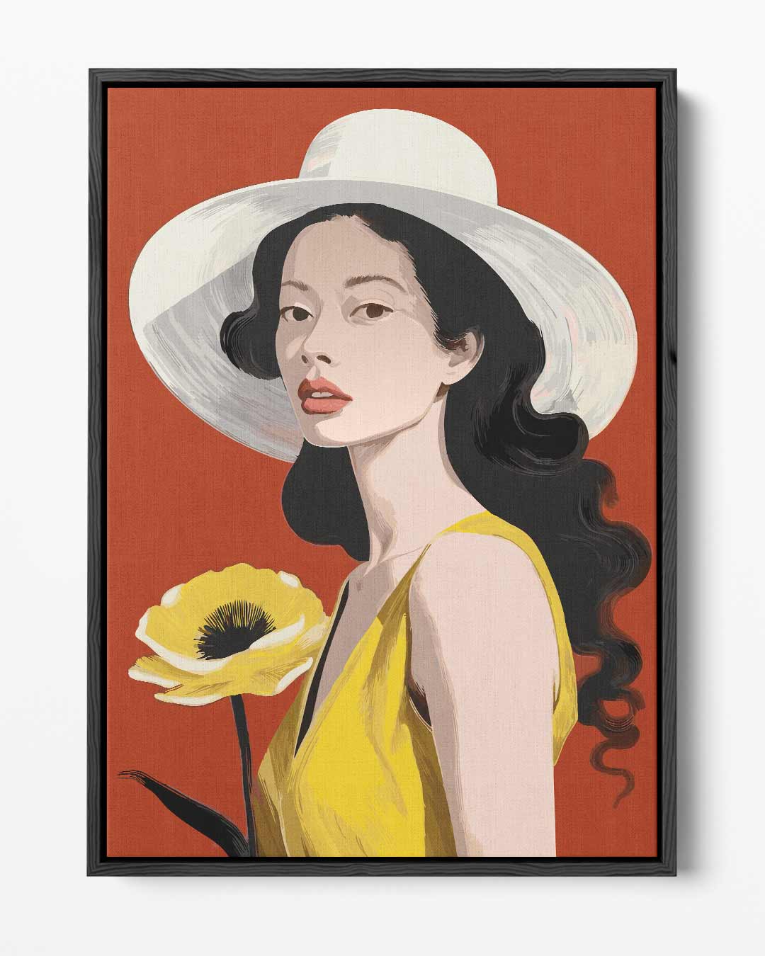 Vrouw en Bloem in Zomerhoed Kunstwerk-canvas-dibond-plexiglas-wanddecoratie-WallArtistic