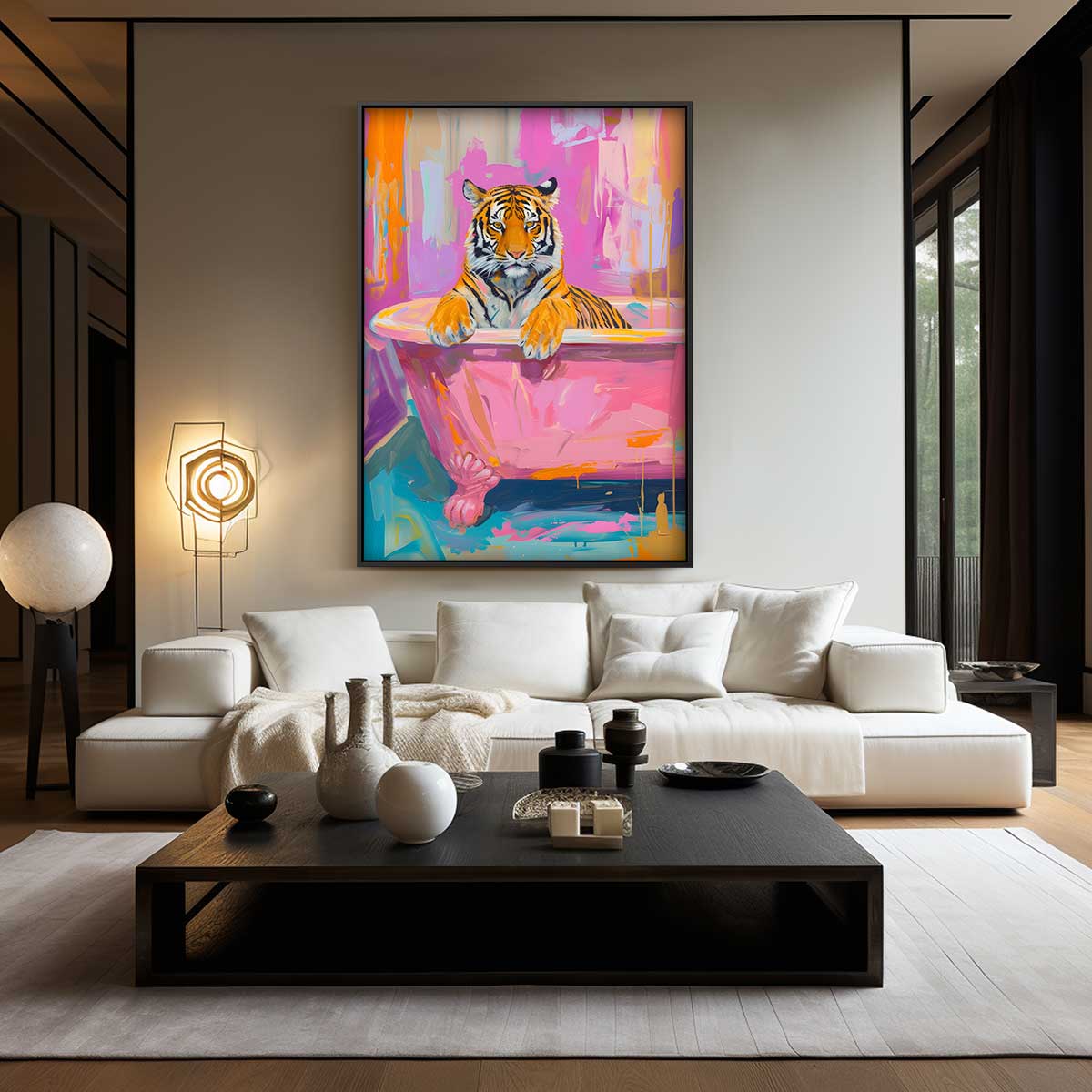 Tijger in de Roze Badkuip Kunstwerk-canvas-dibond-plexiglas-wanddecoratie-WallArtistic