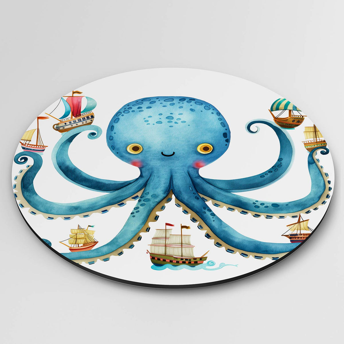 Blauwe octopus met schepen Muurcirkel – detailweergave – Een blauwe octopus met een vriendelijke uitstraling houdt