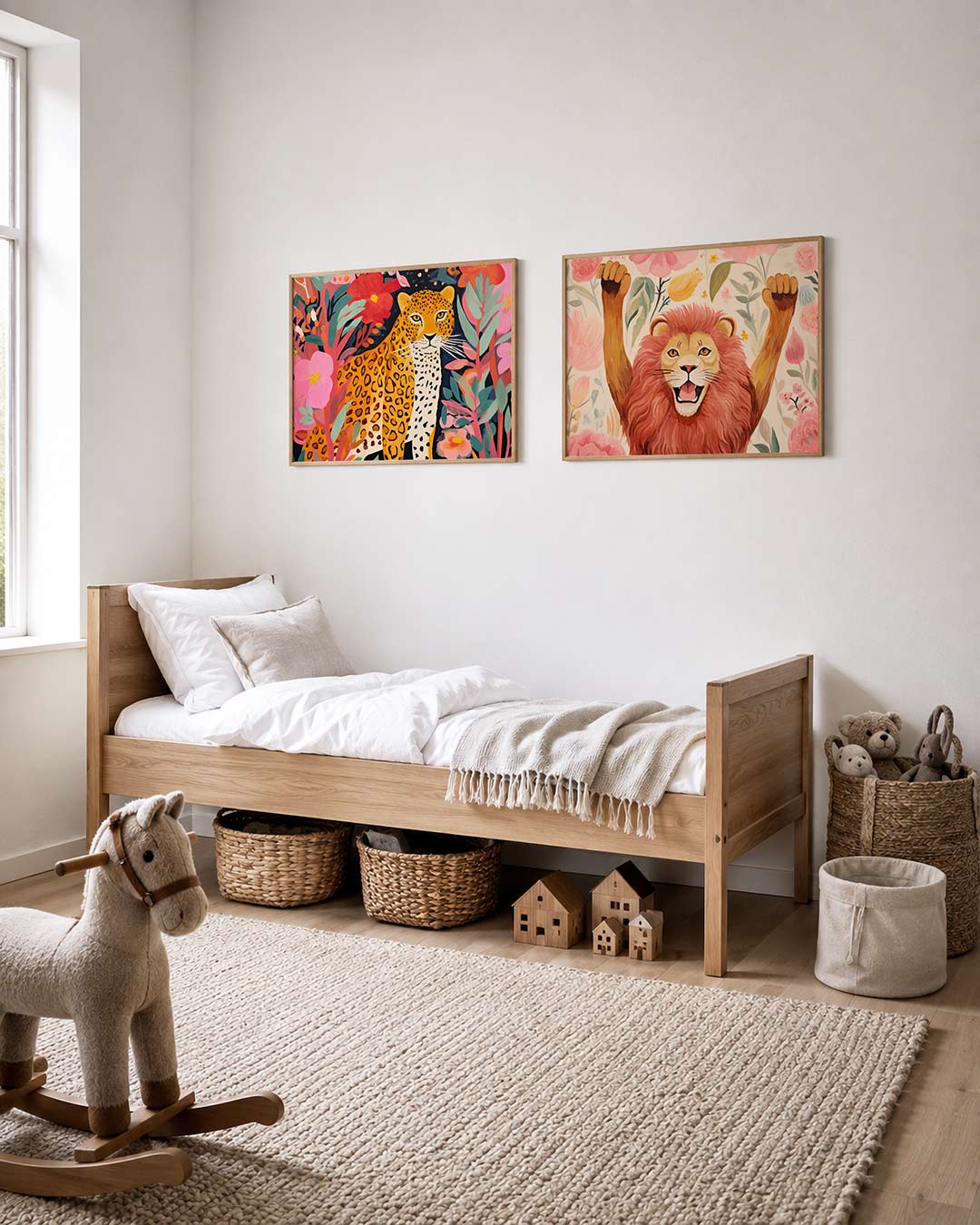 Twee liggende posters met een luipaard omringd door grote bloemen en bladeren, aan de muur in een interieur